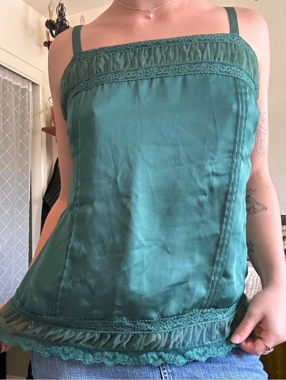 ☀️ANN TAYLOR LOFT Blue/Teal Women's Teal Lace-Trim Camisole